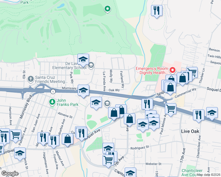map of restaurants, bars, coffee shops, grocery stores, and more near 121 Oak Way in Santa Cruz