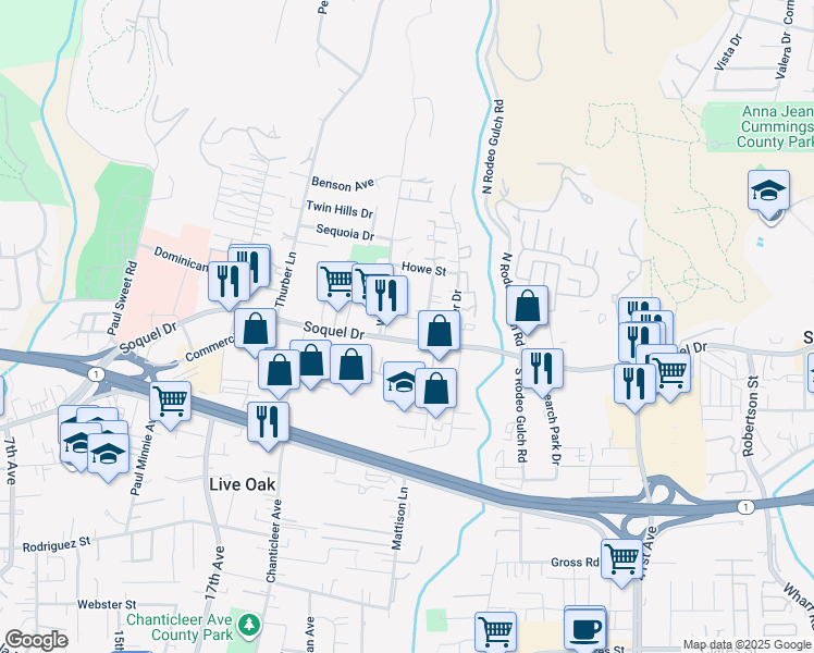 map of restaurants, bars, coffee shops, grocery stores, and more near 2557 Soquel Drive in Santa Cruz