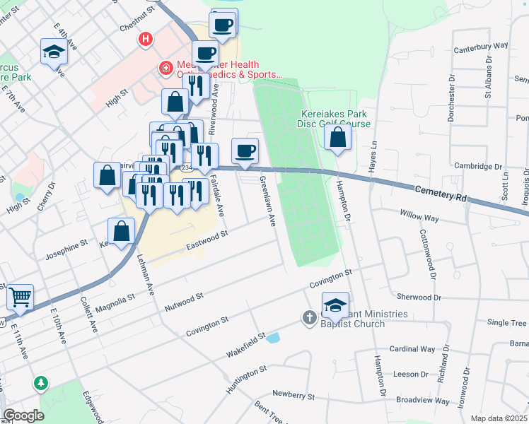 map of restaurants, bars, coffee shops, grocery stores, and more near 614 Greenlawn Avenue in Bowling Green
