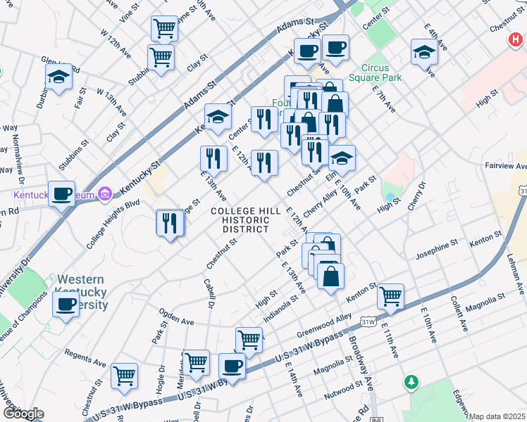 map of restaurants, bars, coffee shops, grocery stores, and more near 1235 Chestnut Street in Bowling Green