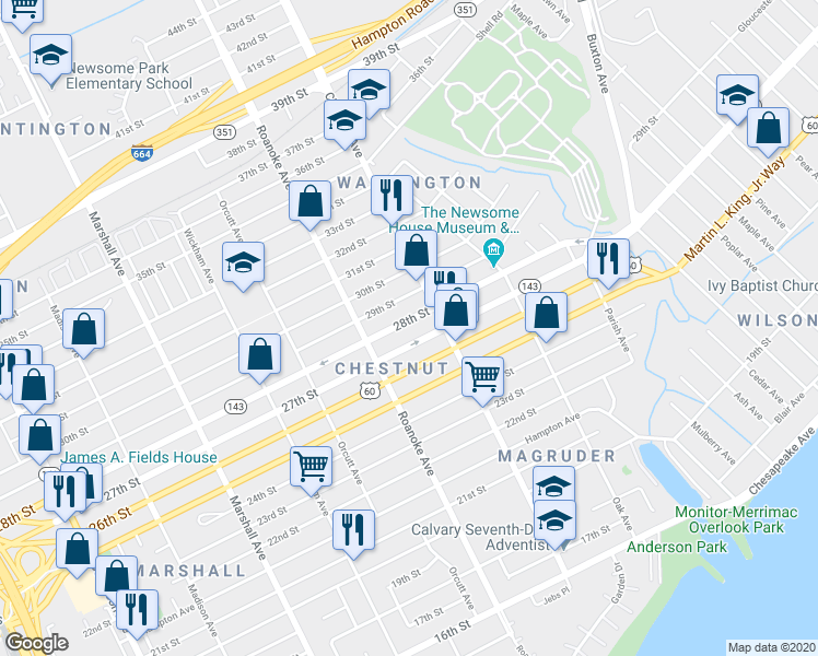 map of restaurants, bars, coffee shops, grocery stores, and more near 1138 28th St in Newport News