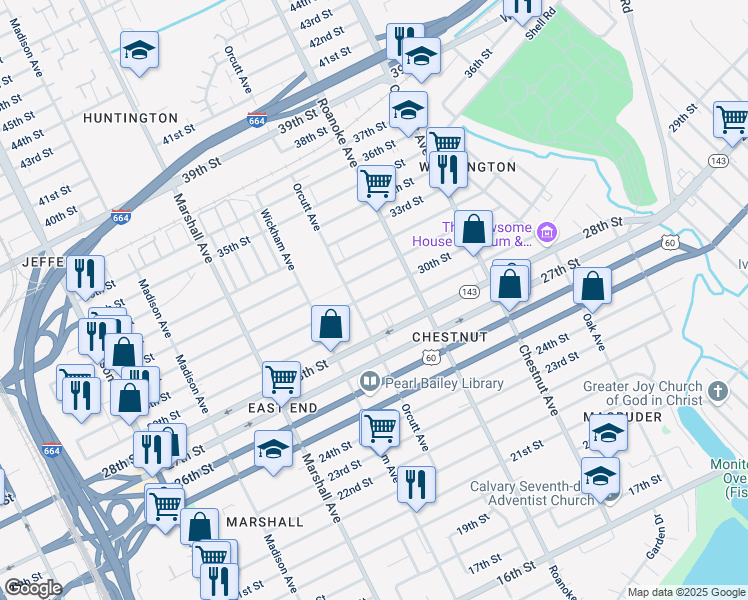map of restaurants, bars, coffee shops, grocery stores, and more near 1010 30th Street in Newport News