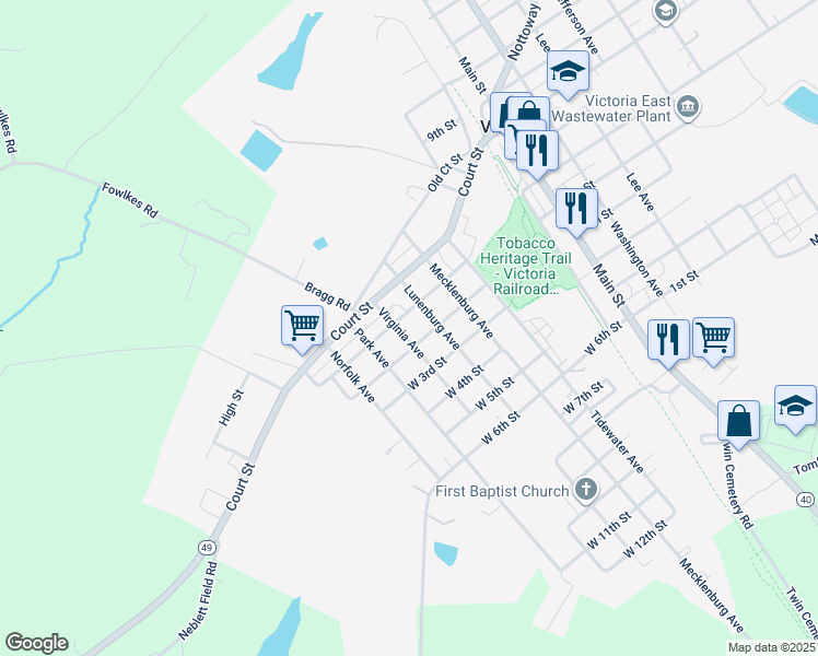 map of restaurants, bars, coffee shops, grocery stores, and more near 1604 Virginia Avenue in Victoria
