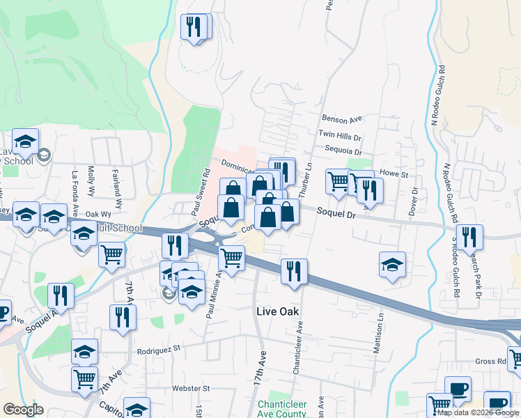 map of restaurants, bars, coffee shops, grocery stores, and more near 1658 Soquel Drive in Santa Cruz