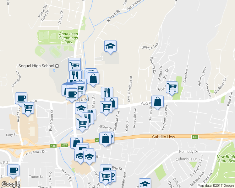 map of restaurants, bars, coffee shops, grocery stores, and more near 3075 Aguazul Dr in Soquel