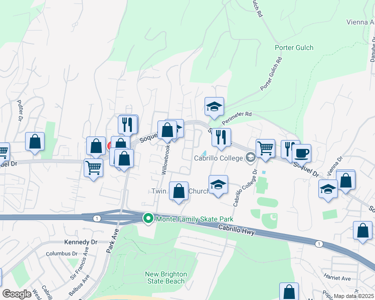 map of restaurants, bars, coffee shops, grocery stores, and more near 3031 Arlington Drive in Aptos