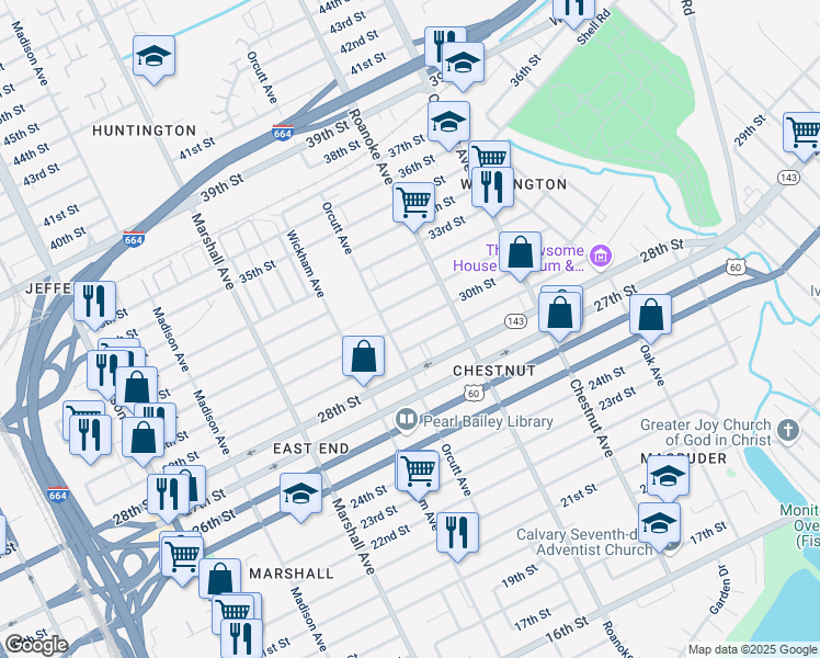 map of restaurants, bars, coffee shops, grocery stores, and more near 1010 30th Street in Newport News