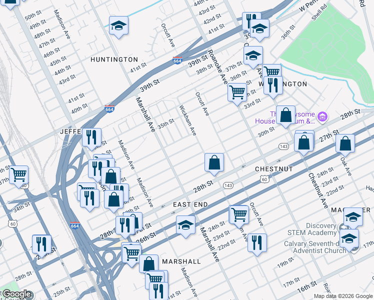 map of restaurants, bars, coffee shops, grocery stores, and more near 827 32nd Street in Newport News