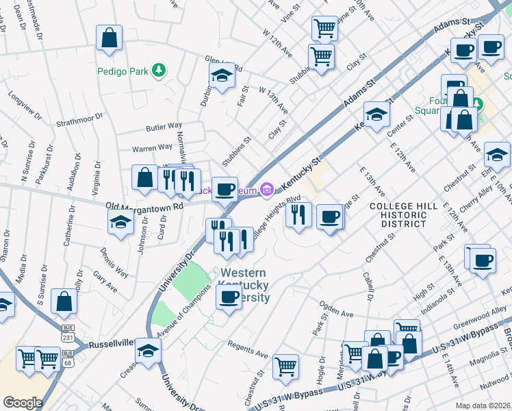 map of restaurants, bars, coffee shops, grocery stores, and more near 1440-1472 Kentucky St in Bowling Green