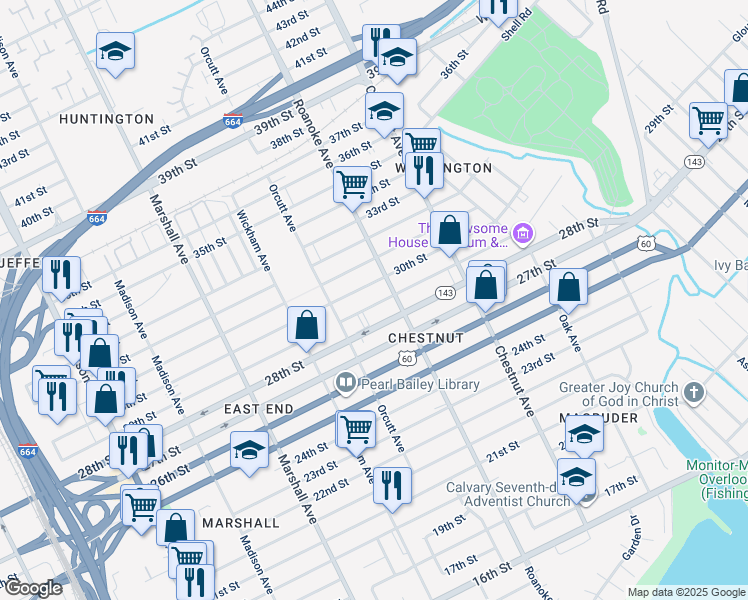 map of restaurants, bars, coffee shops, grocery stores, and more near 1039 29th Street in Newport News