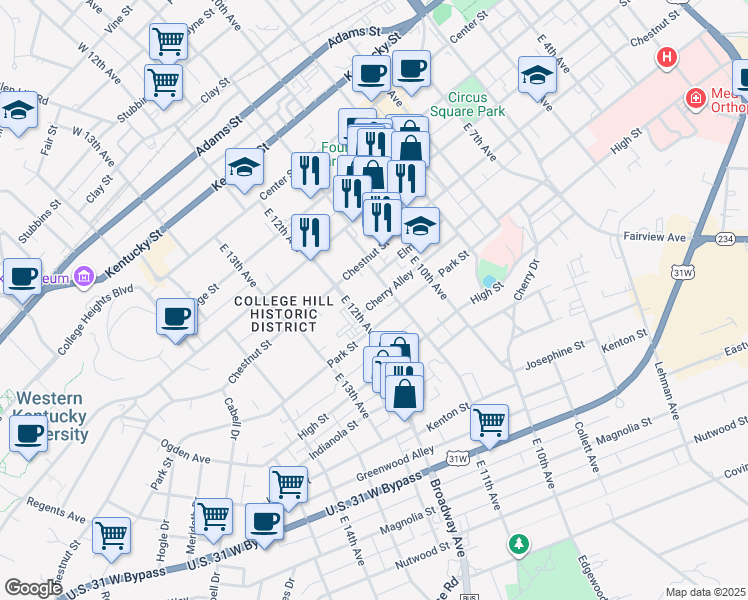 map of restaurants, bars, coffee shops, grocery stores, and more near 1121 Cherry Alley in Bowling Green