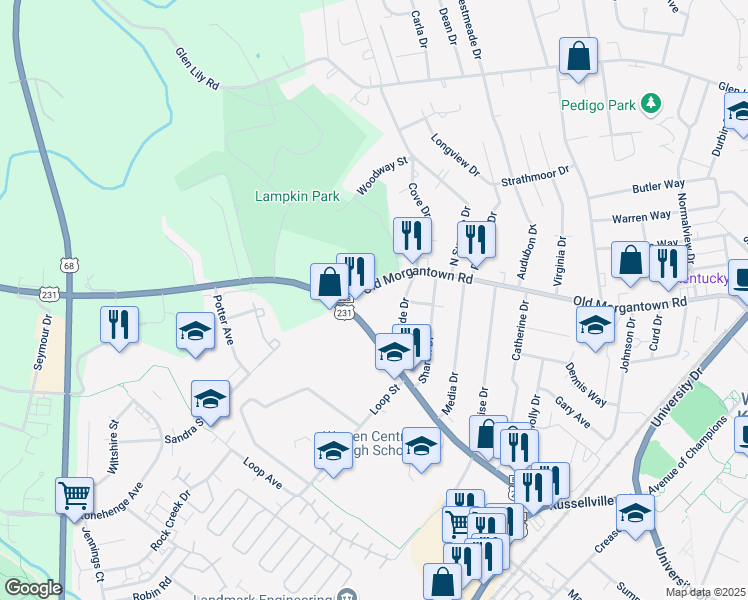 map of restaurants, bars, coffee shops, grocery stores, and more near 845 Old Morgantown Road in Bowling Green