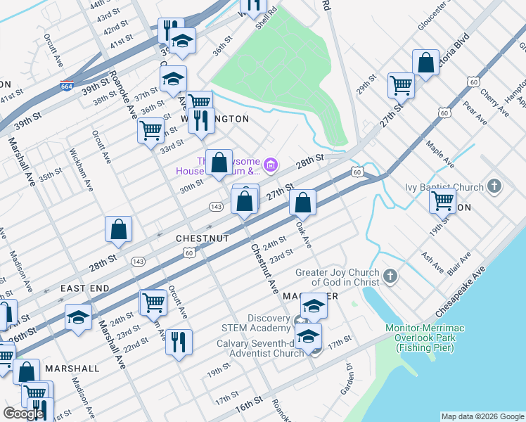 map of restaurants, bars, coffee shops, grocery stores, and more near 1231 26th Street in Newport News