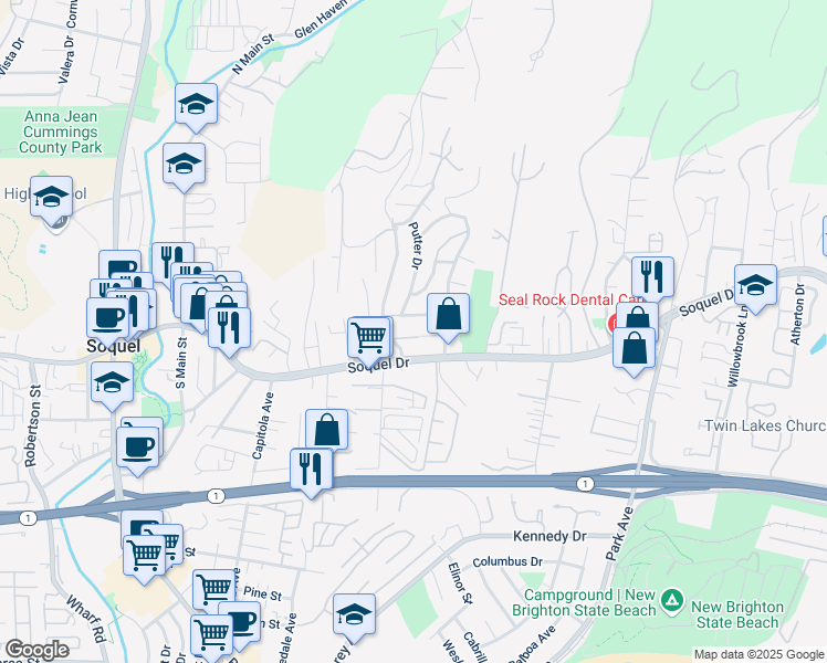 map of restaurants, bars, coffee shops, grocery stores, and more near 5455 Entrance Drive in Soquel