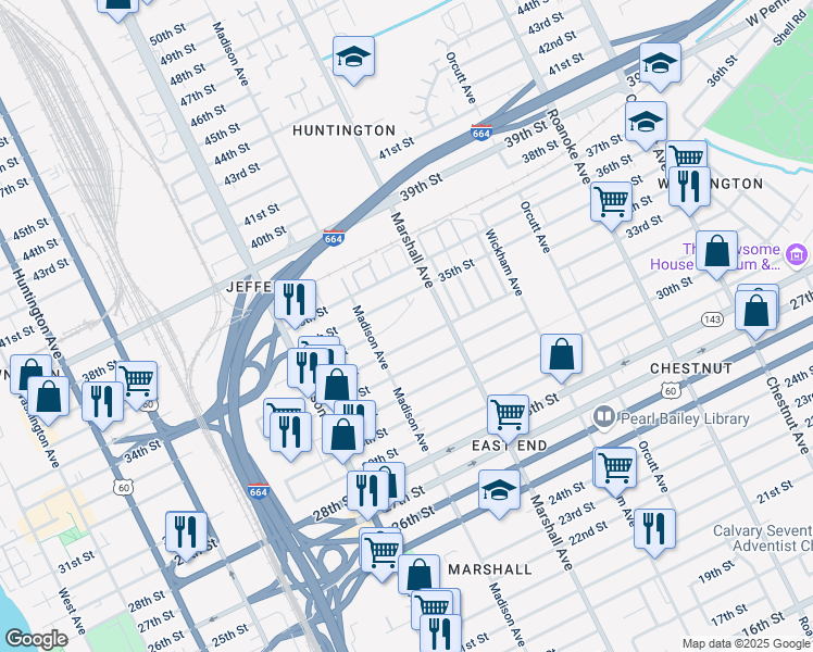 map of restaurants, bars, coffee shops, grocery stores, and more near 732 34th Street in Newport News