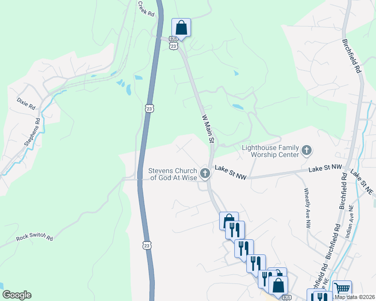 map of restaurants, bars, coffee shops, grocery stores, and more near 131-135 Beverly Avenue Southwest in Wise