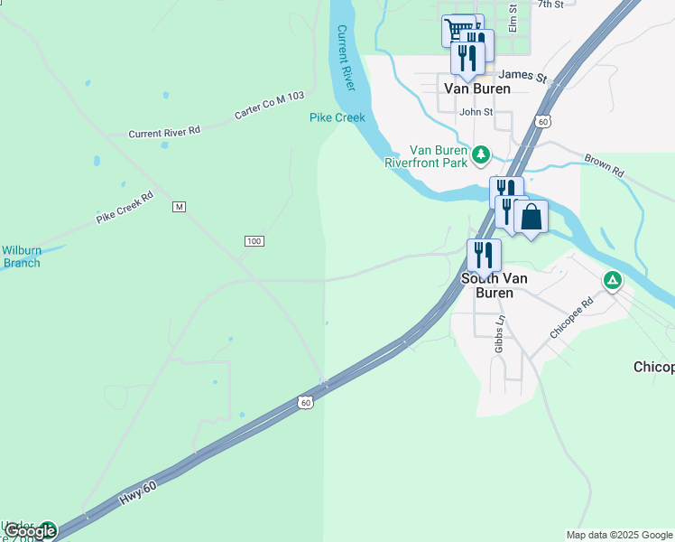 map of restaurants, bars, coffee shops, grocery stores, and more near Main Street in Van Buren