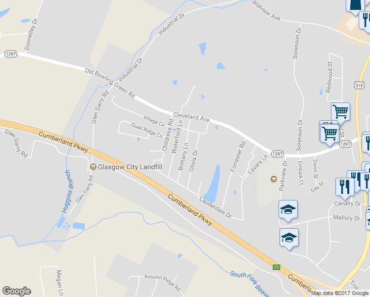 map of restaurants, bars, coffee shops, grocery stores, and more near 110 Brittany Lane in Glasgow