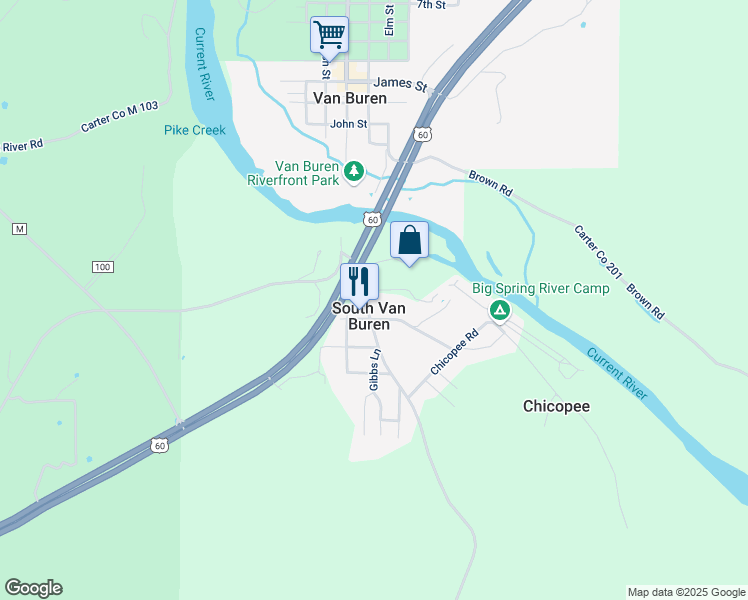 map of restaurants, bars, coffee shops, grocery stores, and more near 104 Olive Street in Van Buren