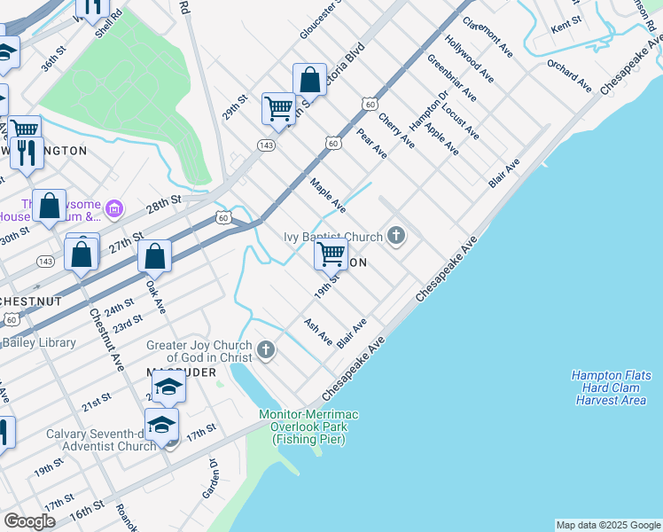 map of restaurants, bars, coffee shops, grocery stores, and more near 111 Sycamore Avenue in Newport News