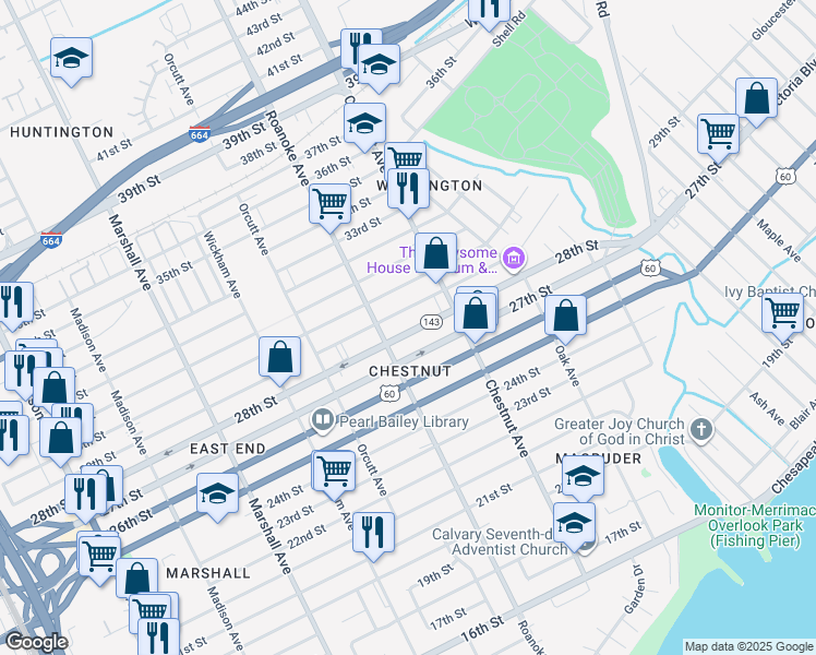 map of restaurants, bars, coffee shops, grocery stores, and more near 1123 28th Street in Newport News