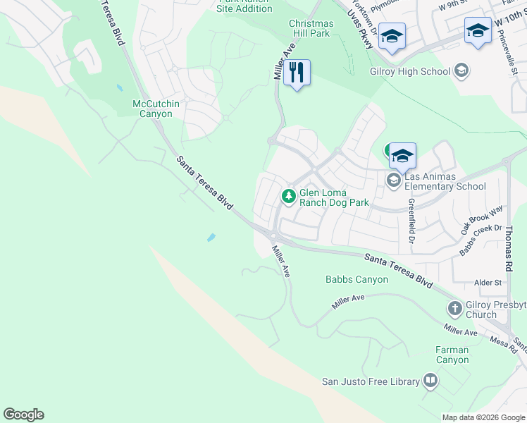 map of restaurants, bars, coffee shops, grocery stores, and more near 6389 Tawhana Lane in Gilroy