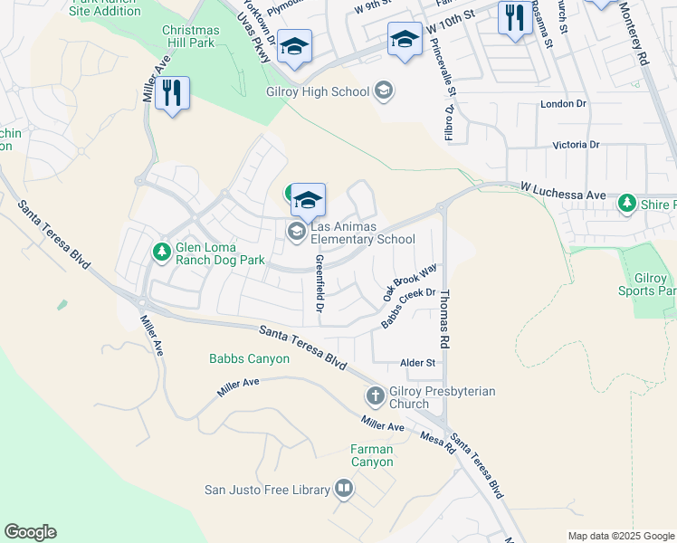 map of restaurants, bars, coffee shops, grocery stores, and more near 6444 Wheatfield Court in Gilroy