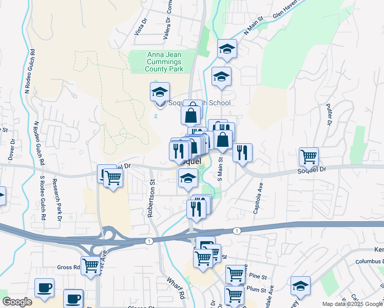 map of restaurants, bars, coffee shops, grocery stores, and more near in Soquel