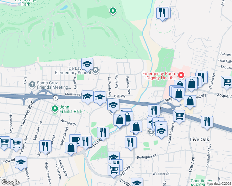map of restaurants, bars, coffee shops, grocery stores, and more near 121 Oak Way in Santa Cruz
