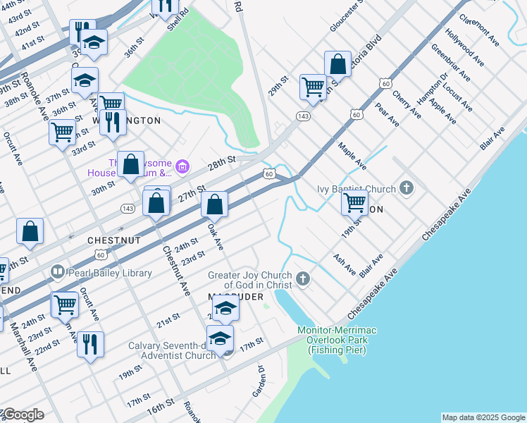 map of restaurants, bars, coffee shops, grocery stores, and more near 1413 23rd Street in Newport News
