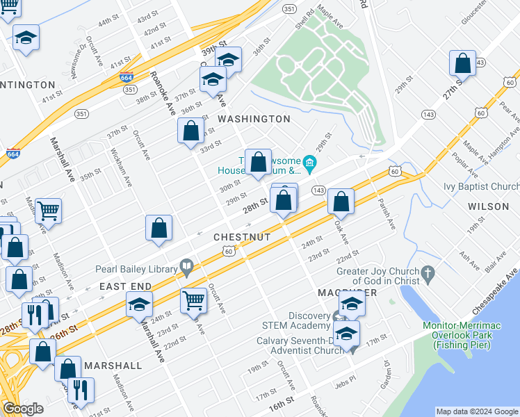 map of restaurants, bars, coffee shops, grocery stores, and more near 1138 28th Street in Newport News