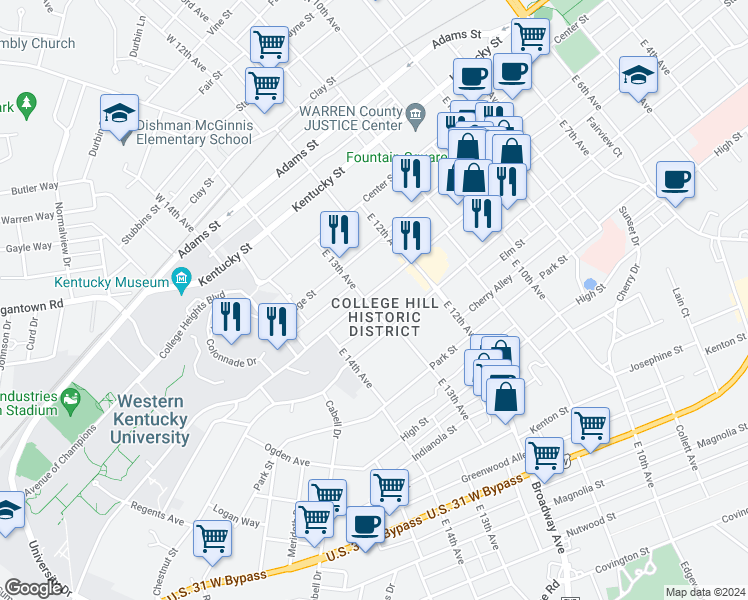 map of restaurants, bars, coffee shops, grocery stores, and more near 1268 State Street in Bowling Green