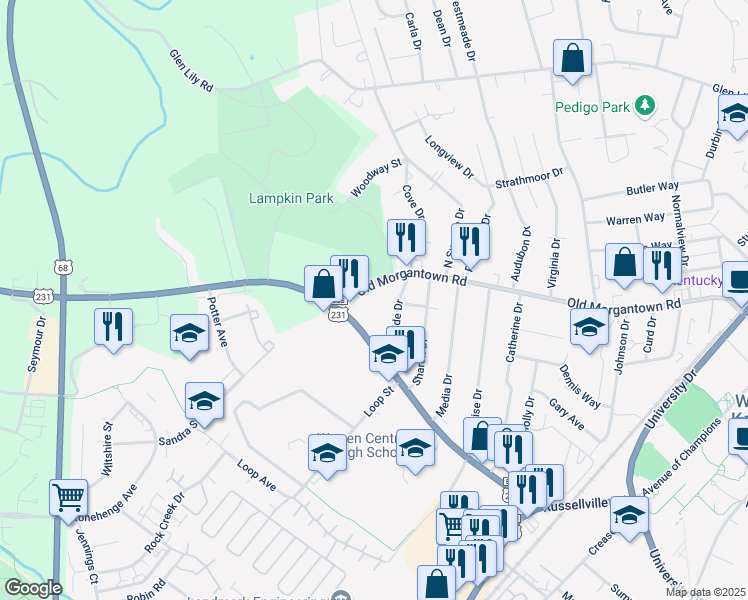 map of restaurants, bars, coffee shops, grocery stores, and more near 845-899 Old Morgantown Rd in Bowling Green