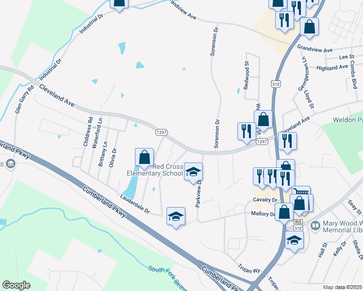 map of restaurants, bars, coffee shops, grocery stores, and more near Cleveland Avenue in Glasgow