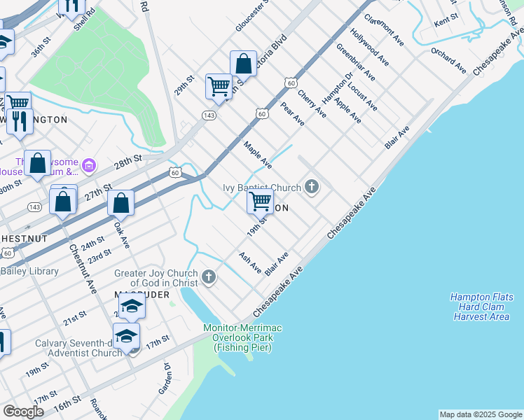map of restaurants, bars, coffee shops, grocery stores, and more near 111 Sycamore Avenue in Newport News