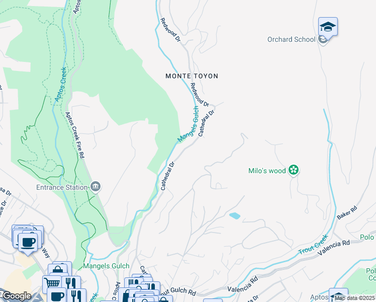map of restaurants, bars, coffee shops, grocery stores, and more near 744 Cathedral Drive in Aptos