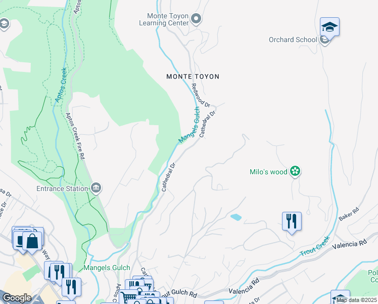 map of restaurants, bars, coffee shops, grocery stores, and more near 744 Cathedral Drive in Aptos