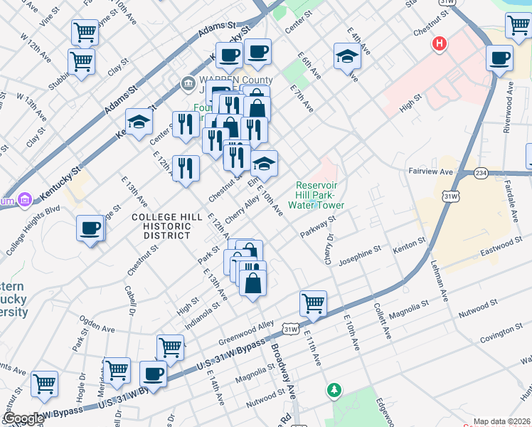 map of restaurants, bars, coffee shops, grocery stores, and more near 1036 Park Street in Bowling Green