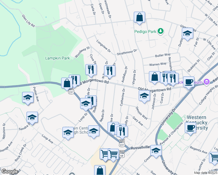 map of restaurants, bars, coffee shops, grocery stores, and more near 719 Old Morgantown Road in Bowling Green