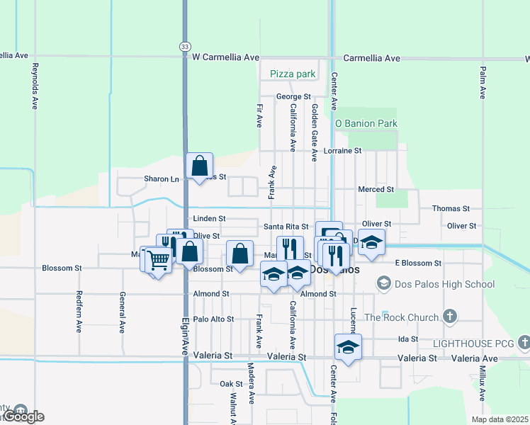 map of restaurants, bars, coffee shops, grocery stores, and more near 2309 Linden Street in Dos Palos