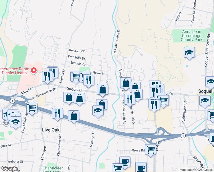 map of restaurants, bars, coffee shops, grocery stores, and more near 3051 Dover Drive in Santa Cruz