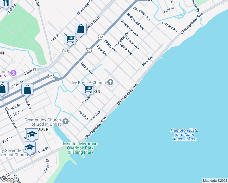 map of restaurants, bars, coffee shops, grocery stores, and more near 18 Maple Avenue in Newport News