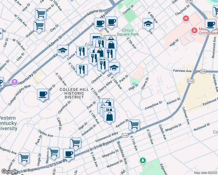 map of restaurants, bars, coffee shops, grocery stores, and more near 1036 Park Street in Bowling Green