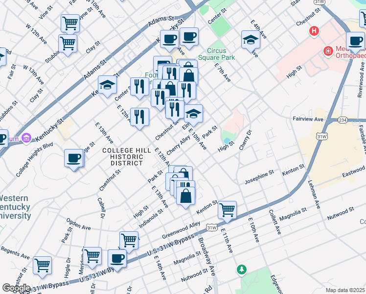 map of restaurants, bars, coffee shops, grocery stores, and more near 1036 Park Street in Bowling Green