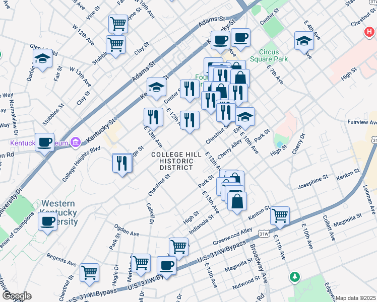 map of restaurants, bars, coffee shops, grocery stores, and more near 1241 Chestnut Street in Bowling Green