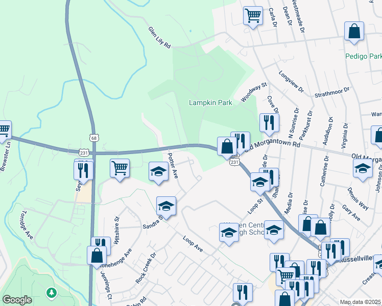map of restaurants, bars, coffee shops, grocery stores, and more near 501 Eric Avenue in Bowling Green