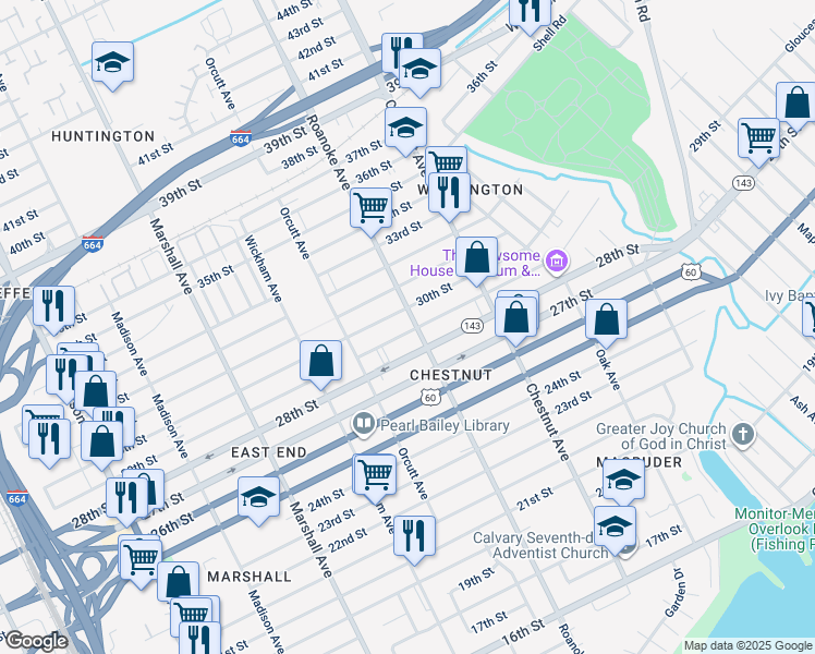 map of restaurants, bars, coffee shops, grocery stores, and more near 2903 Roanoke Avenue in Newport News
