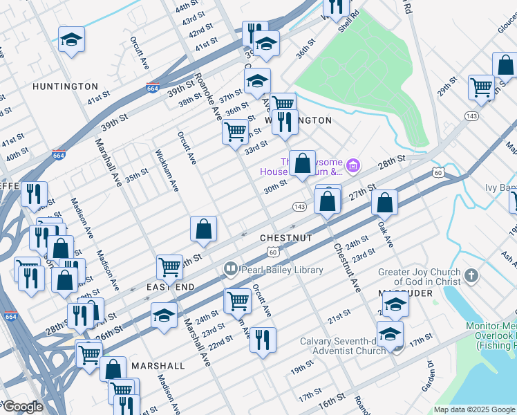 map of restaurants, bars, coffee shops, grocery stores, and more near 2903 Roanoke Avenue in Newport News