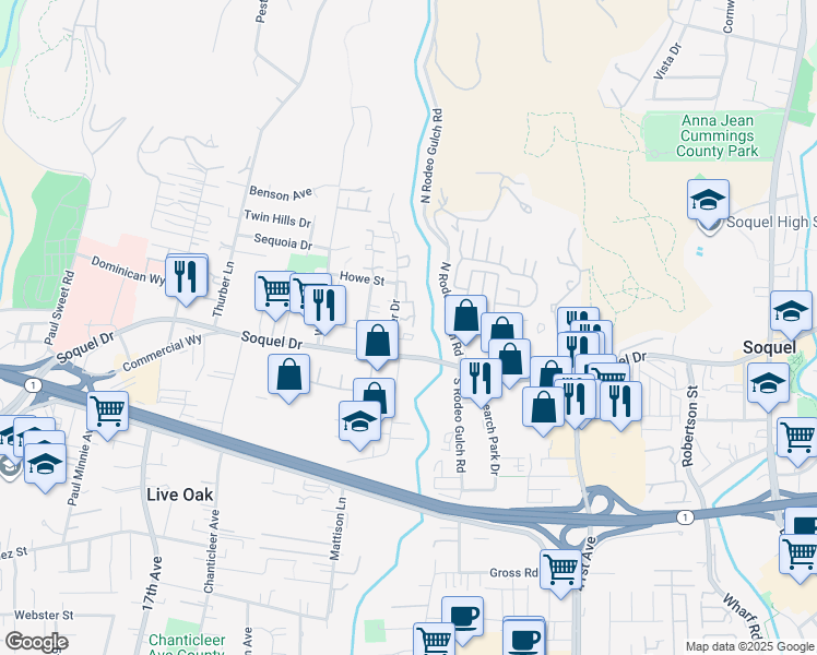 map of restaurants, bars, coffee shops, grocery stores, and more near 3101 Erin Lane in Santa Cruz