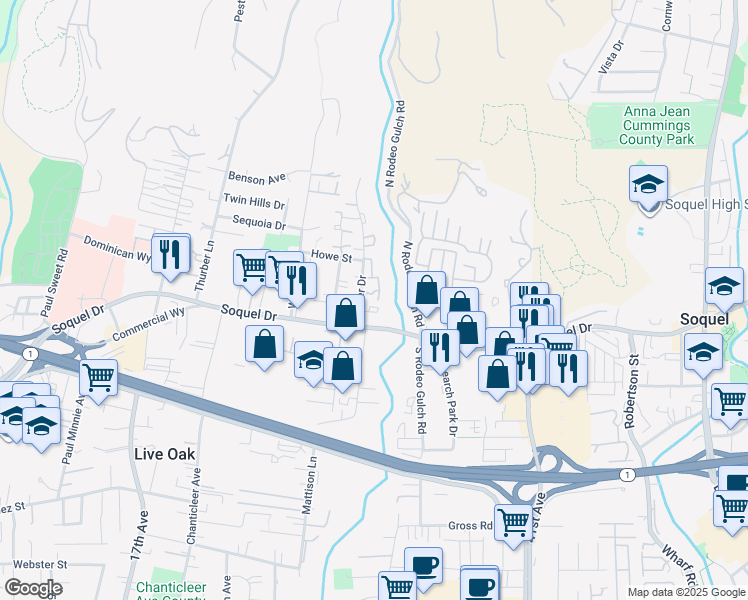 map of restaurants, bars, coffee shops, grocery stores, and more near 3101 Erin Lane in Santa Cruz